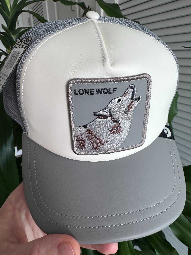 Goorin Bros Lfg Lone Wolf Gray & White 100% Leather Trucker Hat Snapback Grey